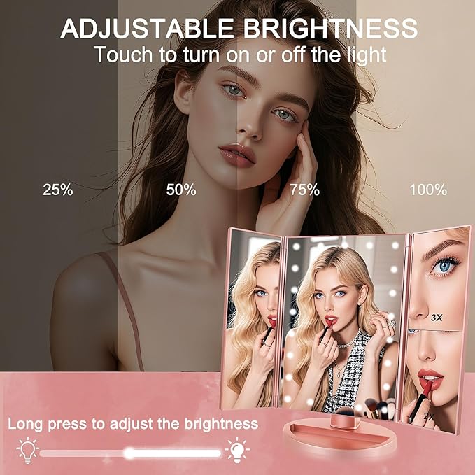 Tri-fold Lighted Vanity Makeup Mirror with 3x/2x Magnification,21 LEDs Light and Touch Screen,180 Degree Free Rotation Countertop Cosmetic Mirror,Travel (Rose Gold)