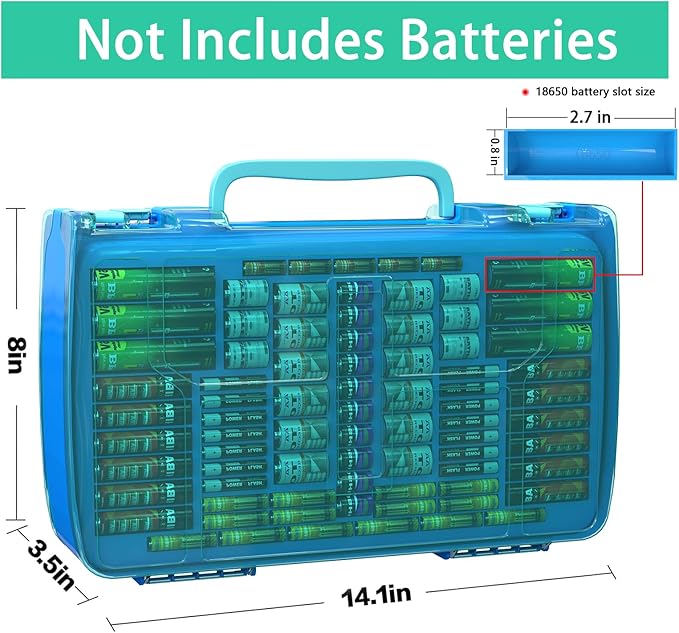 ALCYON Large Capacity 269 Battery Organizer Storage Case with Tester, Double-Side Battery Holder Container for AA AAA AAAA C D 9V Lithium 3V CR123 CR1632 18650 Batteries(Box Only) (Blue)