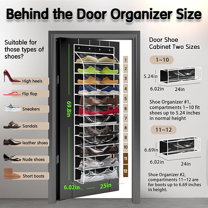 Over The Door Shoe Organizer with 12 Large Breathable Pockets - Heavy Duty Hanging Storage for Adult, Kids & Baby Shoes - Black