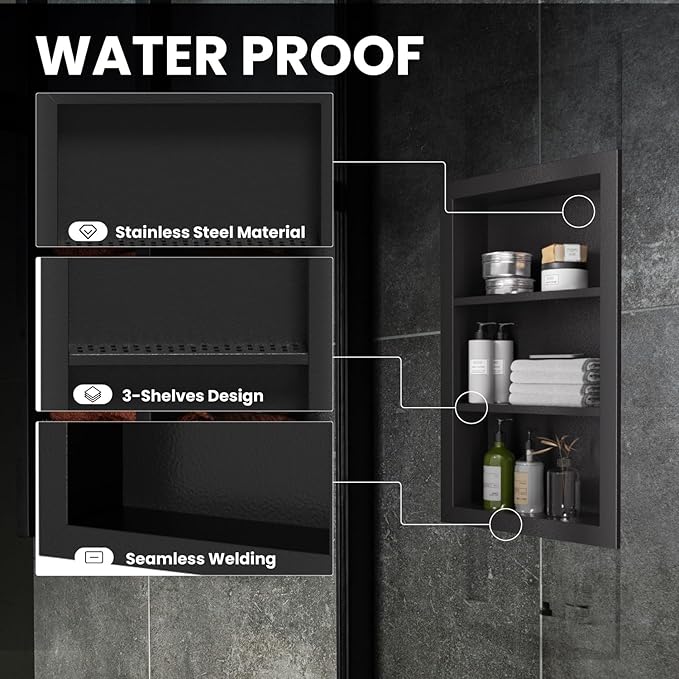 14" x 24" Stainless Steel Shower Niche, 3-Tier Waterproof Shelves, No-Tile Needed Bathroom Organizer, Rustproof Wall Shelf for Shampoo, Soap & Toiletries, Black