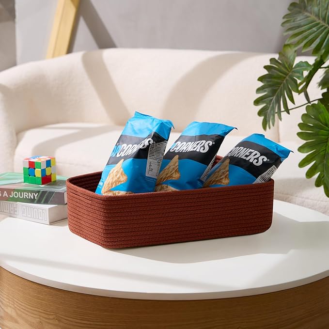 Large Shallow Organizing Baskets 15x11x5.1 Inches - Rope Woven Storage Bins for Bathroom, Shelves, Cube Closet, Red 4 Packs