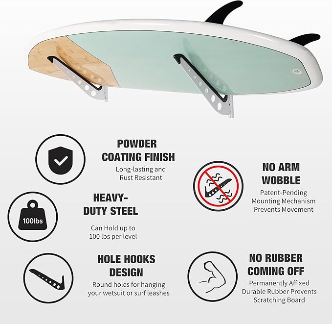 1 Board Surf Rack Wall Mount for Surfboard, Wakeboard, Snowboard Storage Adjustable Wall Hangers Boards Display,White