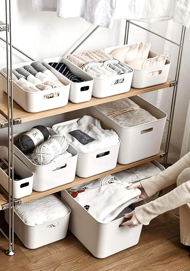 Set of 4 Plastic Storage Bin,“13.4x10.2x8'' Versatile Kitchen Pantry Organization and Storage,for Plastic Storage Container Under Bed,Under Sink Bathroom Organizer (White,4 Pack Large