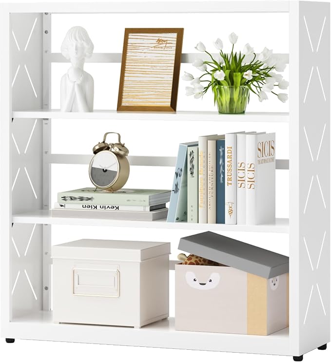 3 Tier Bookcase,Industrial Bookshelf,34" White Metal Wide Bookshelf with Adjustable Feet and Adjustable Shelves,Home Office Bookcase Shelf Storage Organizer for Living Room、Kitchen
