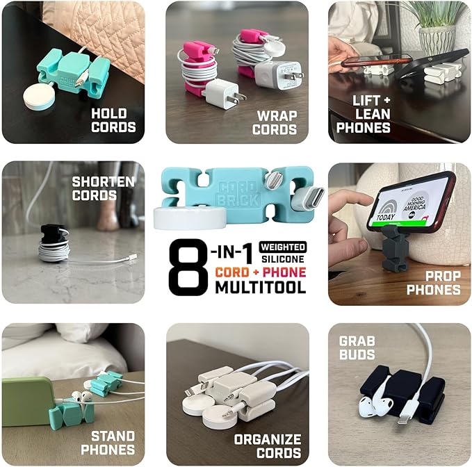 CordBrick Stocking Stuffers for Adults Cord Management Weighted Cord Holder Cable Wrap Phone Stand - Multiuse Gadget Organizer for Nightstand, Desk. Gift for Men, Durable Silicone. 2pk Light Gray