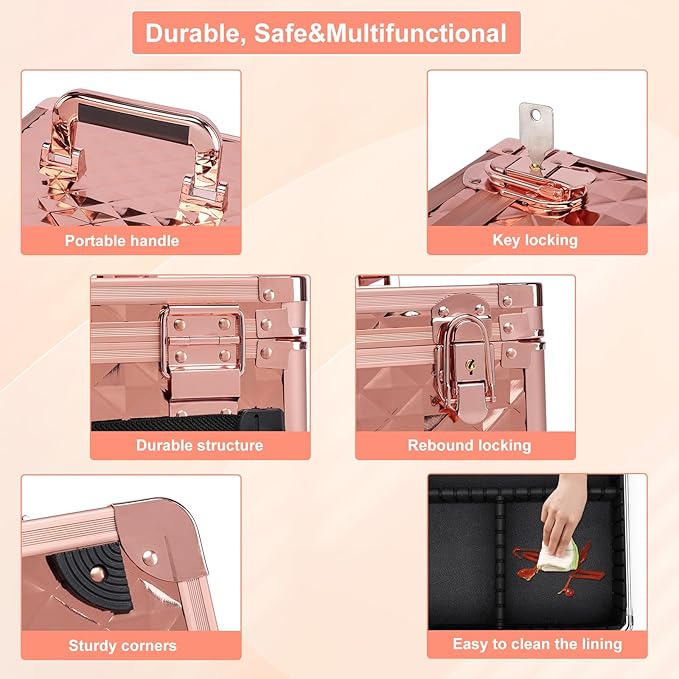 Makeup Box with Led Mirror,Travel Train Hard Case with Rechargeable Mirror Adjustable Dividers,Cosmetic Organizer Storage Bag for Makeup Artist,Appropriate Gift for Women Girls,Sparkling Rose Gold