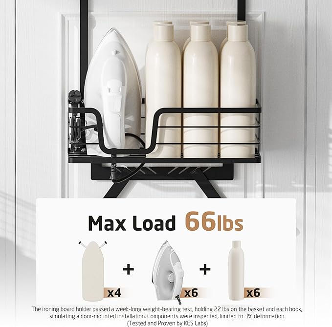 KES Over The Door Ironing Board Holder, Ironing Board Hanger Door Mount with Storage Shelf Y and T Shaped Fits for 1 3/8 Doors Matte Black, HIR501A-BK