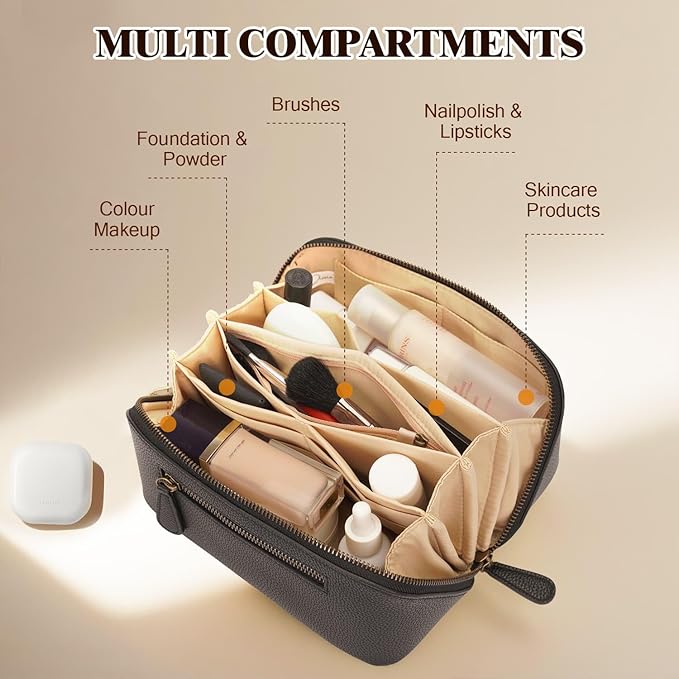 Travel Makeup Bag Large Capacity Cosmetic Bags for Women Waterproof Make up Organizer Toiletry Bag Open Flat Portable with Divider with Handle Pouch (Black, 3L)