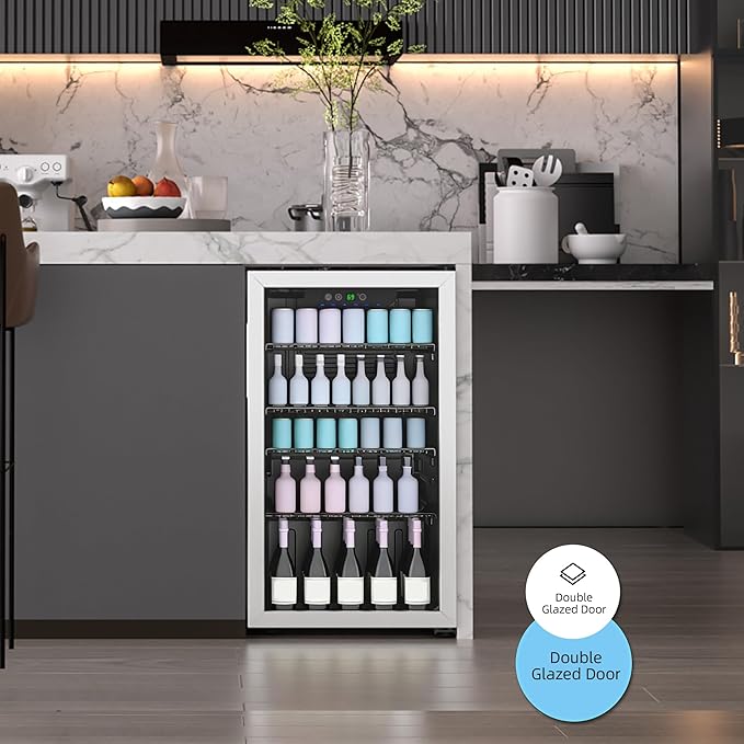 Compact Beverage Refrigerator,126 Can/3.2 Cubic Feet Fridge with Glass Door for Soda, Beer Under Counter Small Refrigerator with Adjustable Shelve & LED Display(Silver)