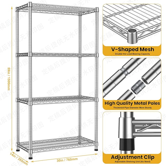 Metal Shelving Unit 4 Tier Storage Shelves Rack Metal Shelf Adjustable Wire Shelving Units Storage Shelving Heavy-Duty 2200 LBS rganizer for Pantry Garage Laundry Bathroom Kitchen Closet Utility Room