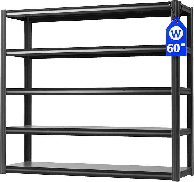 60" W Garage Shelving Heavy Duty,5 Tier Storage Shelves,3030LBS Adjustable Shelf Unit, Metal Garage Shelving for Warehouse Industrial Basement, 72" H × 60" W × 24" D, Black