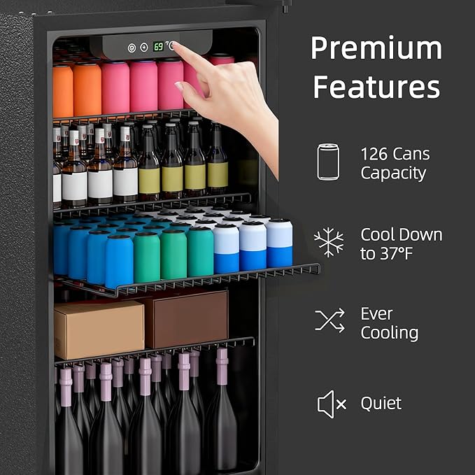 Compact Beverage Refrigerator,126 Can/3.2 Cubic Feet Fridge with Glass Door for Soda, Beer Under Counter Small Refrigerator with Adjustable Shelve & LED Display(Silver)