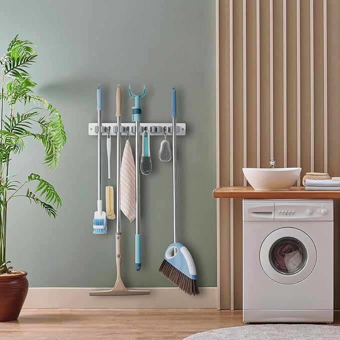 Mop and Broom Holder Wall Mount - White Broom Mop Hanger - Wall Mounted Garden Tool Rack Organizer for Closet Garage Laundry Room Kitchen Decor With 5 Slots & 4 Hooks