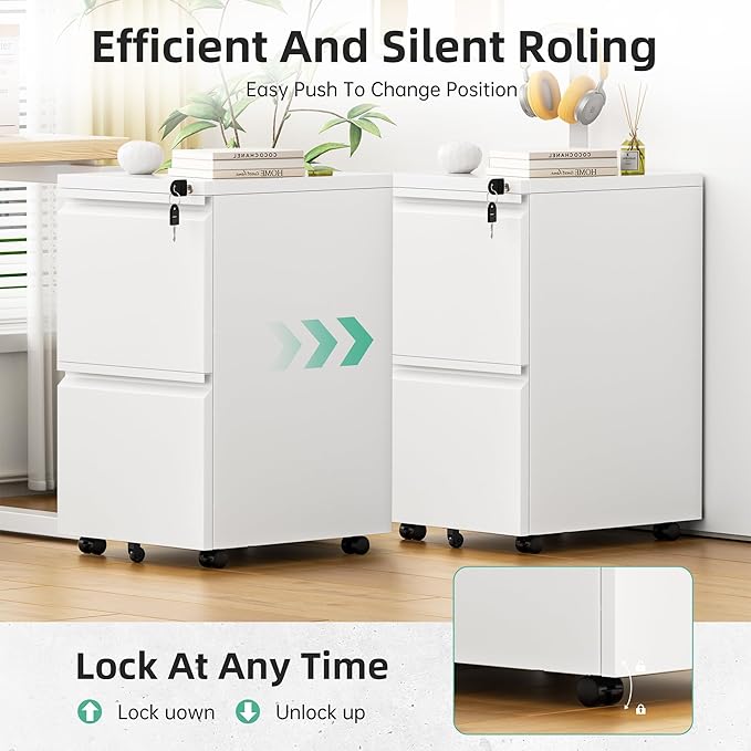 Bonusall 2 Drawer File Cabinet, Metal Rolling File Cabinet with Lock, Filing Cabinets for Home Office Fit A4/Letter/Legal, Easy Assembled, White