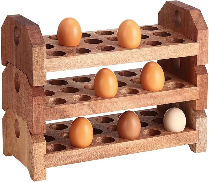 Patelai Wooden Egg Holder Countertop Egg Storage Trays Stackable for 54 Fresh Eggs Deviled Egg Tray Organizer Egg Container Rack for Rustic Kitchen Decoration