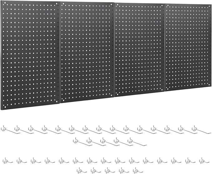Pegboard, 4 PCS 24"×16" Metal Peg Board Panels Black Modular Wall Organizer Kit with 40 Hooks, Dual-Size Hole Design for Home Tool Storage, Garage Organization, Kitchen, Office, Craft Room