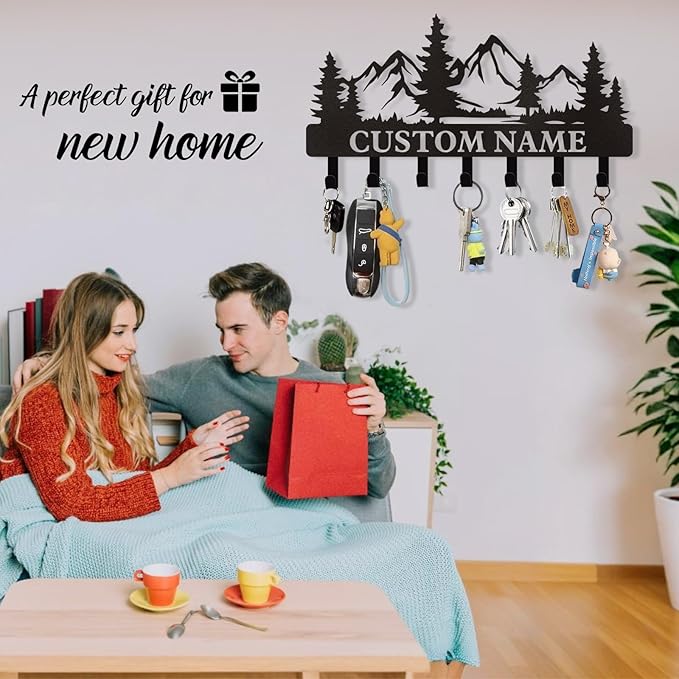 Personalized Custom Mountain Theme Key Holder with Name, Metal Wall Mount, Coat Rack, Key Hooks, Home Decor Gift