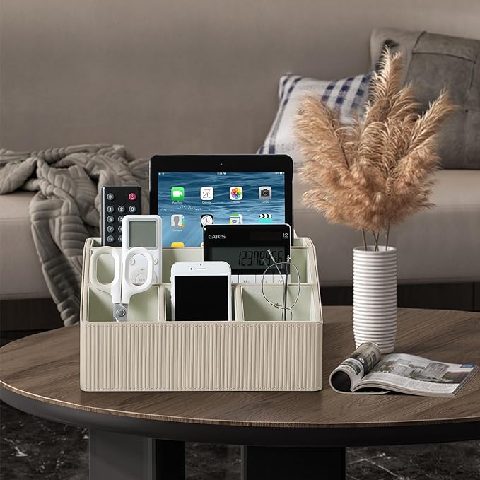 Remote Control Holder with 5 Compartments for Office Art Supplies, PU Leather Nightstand Organizer Pencil Pen Desk Caddy for Home, Desktop TV Remote Control Organizer Storage (Striped Beige)