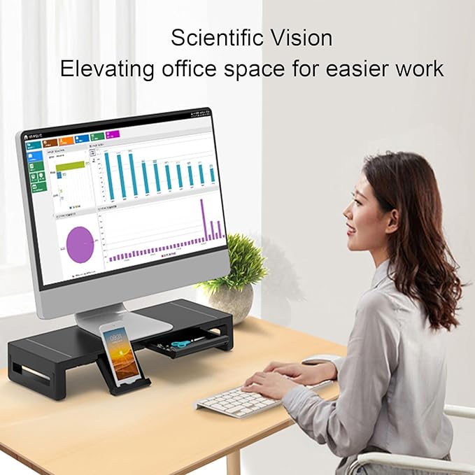 Monitor Stand Riser with 8 in 1 Docking Station Phone Holder Drawer 25KG Bearing Ergonomic Desktop Computer Storage Shelf for Home Office Workstation ABS Aluminum Alloy Black