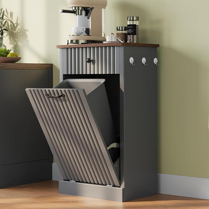 Tilt Out Trash Can Cabinet, 10 Gallon Fluted Laundry Hamper Cabinet with Drawers, Freestanding Wooden Hidden Garbage Can Cabinets for Kitchen, Living Room, Without Trash Bin or Laundry Hamper, Grey