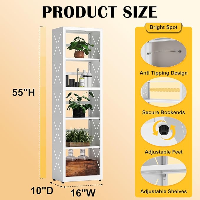 Narrow Bookshelf,5 Tier Bookcase,55" White Metal Small Bookshelf with Adjustable Feet and Adjustable Shelves,Home Office Bookcase Shelf Storage Organizer for Living Room、Kitchen