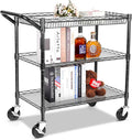 YNN Black Utility Rolling Cart,990Lbs 3 Tier Heavy Duty Metal Cart with Wheels & Handle NSF Wheeled Cart 31" D x 18" W x 33" H for Bedroom, Bathroom, Kitchen,Garden,Decor,Serving