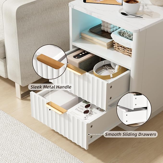 VOWNER Fluted Nightstand with Charging Station, 18” Night Stand with 2 Drawers, Faux Marble Top End Table with Storage Shelf, Curved Profile Side Table, Bedside Table for Bedroom Living Room, White