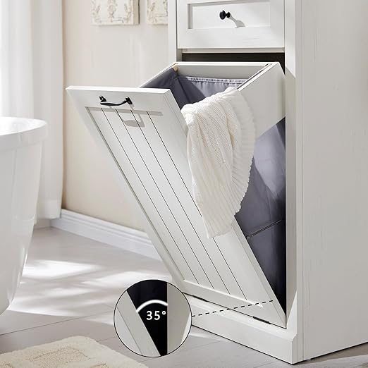 Tilt Out Trash Can Cabinet, 10 Gallon Farmhouse Laundry Hamper Cabinet with Drawer, Hidden Wooden Trash Garbage Can Bin with Storage Basket for Kitchen, Living Room (Antique White)