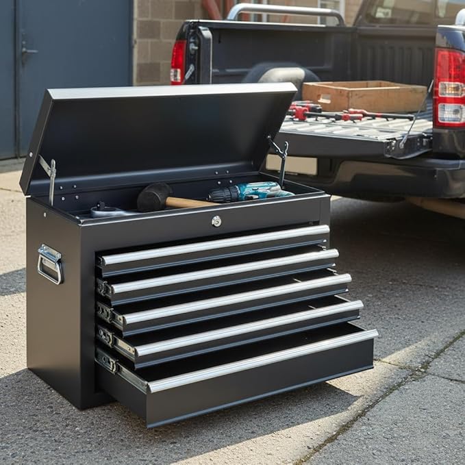 Metal Tool Box Organizer | Lockable Tool Chest | Toolbox with 5 Sliding Drawers | Large Tool Storage Box Organizer | Portable Toolchest with Keys for Garage Workshop and Tool Room | Black