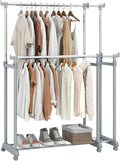 COSTWAY Double Rod Clothing Rack, Heavy-Duty Metal Garment Rack with Extendable Height & Width, Adjustable Rolling Closet Rack for Hanging Clothes with Wheels for Dressing Room, Laundry, Living Room