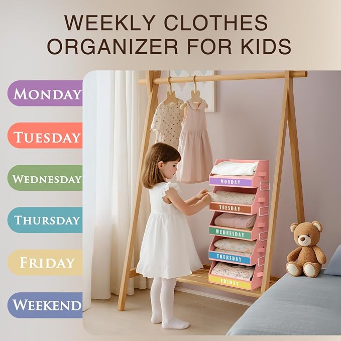 Closet Organizers and Storage - 5 Tier Shelf Organizer with Weekly Labels, Stackable Storage Bins with Metal Frame, Foldable Cube Bins, Home Baskets for Kids and Adults, Pink