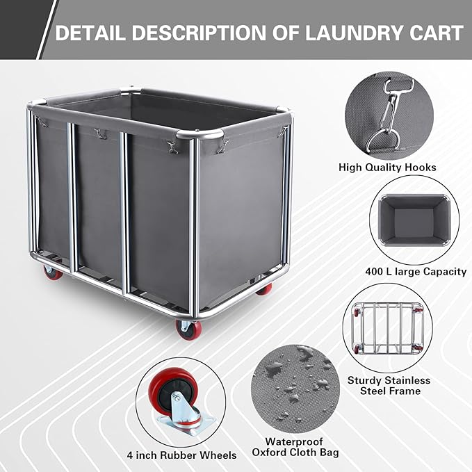 Commercial Laundry Cart with Wheels,400L Large Industrial Laundry Cart,Commercial Laundry Basket with Sturdy Steel Frame and Oxford Bag for Home Hotel Hospital 440 lbs (Off White)