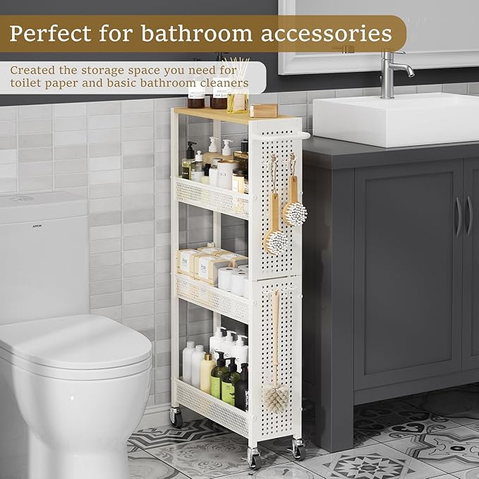 Utility Slim Storage Cart 4 Tier Small Rolling Kitchen Laundry Room Organization Cart with Wood Top Metal Narrow Bathroom Cart Cabinet Narrow Storage Cabinet Trolley with Handle for Small Space