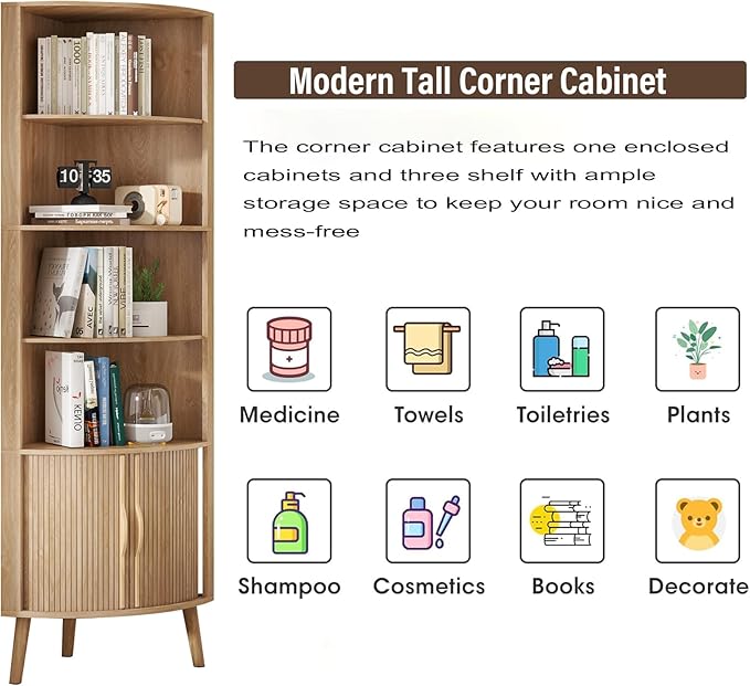 Corner Cabinet, 66.73'' Tall Modern Corner Bathroom Storage Cabinet with 2 Fluted Doors and Shelves, Home Space Saver for Kitchen, Living Room, Study Room (Wood Color, 66.73''H)