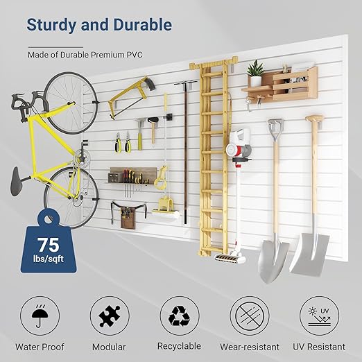 Slatwall Panel 8 FT x 4 FT, Interlocking Slat Wall Paneling, Wall Mounted PVC Wallpanel, Suitable for Garage Storage and Organizer, Slatwall Board, Shelves - White