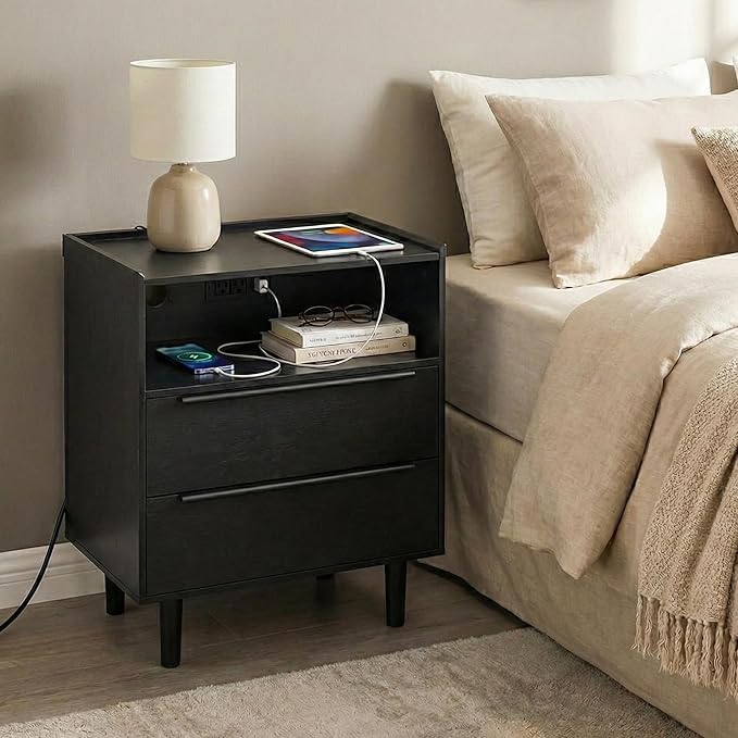 26" Tall Black Nightstand with Charging Station, 2 Drawer Contemporary Modern Bedside Table with Tray Top, USB Ports, Outlets & Open Shelf for Bedroom or Living Room