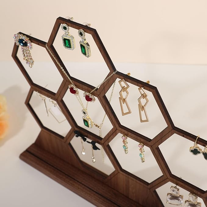 GemeShou hexagonal jewelry earring display stands for selling, wooden necklace jewelry organizer hanging, walnut earring hanger dangle holder for show, home decor【Jewelry shelf-Hexagon】