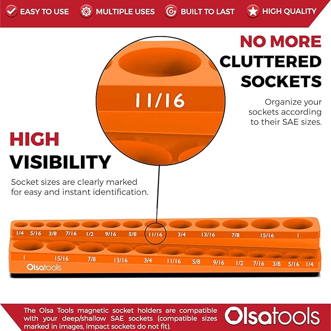 Olsa Tools Magnetic Socket Organizer | 3/8-inch drive | SAE Orange | Holds 26 Sockets | Professional Quality Tools Organizer