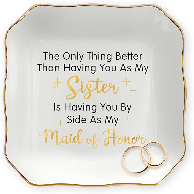 OASSIE Christmas Maid of Honor Gifts for Women - 4"x4" Ceramic Jewelry Dish Tray - Christmas Wedding Bridesmaid Gifts for Sister, Ring Holder for Women, Jewelry Tray for Maid of Honor Proposal
