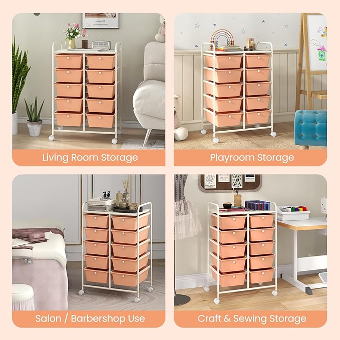 Giantex 10 Drawers Rolling Cart, Classroom Organizers, Storage Cart with Wheels, for Teacher Office Home School Supplies Tool Craft Art Paper, Peach Fuzz
