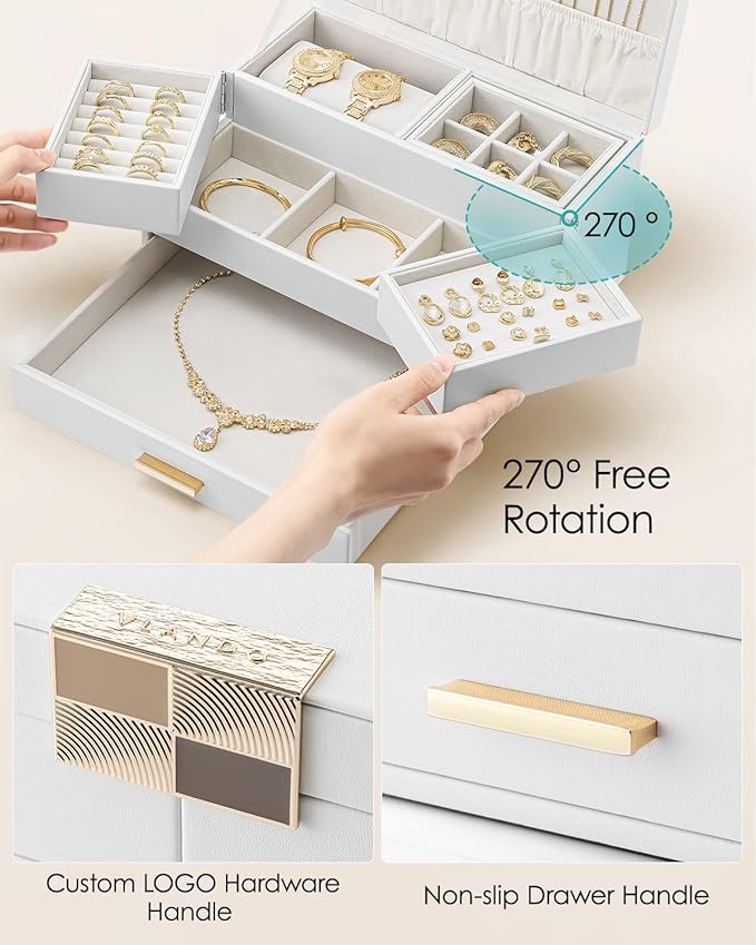 Vlando 3 Layer Jewelry Box - Women Jewelry Box with Retractable Tray - Jewelry Organizers with Drawer for Necklaces, Rings, Bracelets, Earrings, Gift for Couples Mom Girls - White