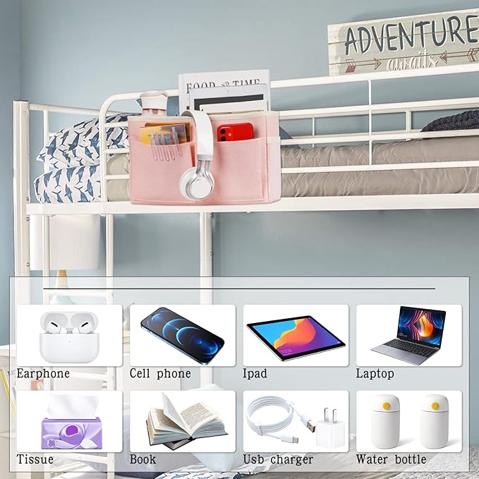 Bedside Caddy Bedside Storage Organizer Hanging Bunk Bed Dorm Room with Side Pockets for Water Bottles, Books, Cell Phones, Headphones 2 Pack (Pink)