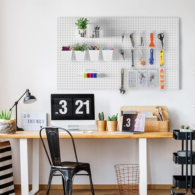 G.CORE Peg Board Organizer 21 Pack, Pegboard Accessories with Baskets Cups Hooks - 1/8" & 1/4" Peg Board Wall Tool Organizers, Utility Holders & Hangers for Garage Craft Workbench (White & White)