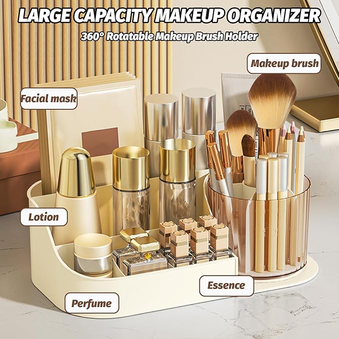 DASITON Large Capacity Makeup Organizer with 360° Rotating Makeup Brush Holder, Perfume and Skincare Storage Organizers for Vanity Bathroom Countertop, Cosmetic Display Case (Cream, 1 Tier)