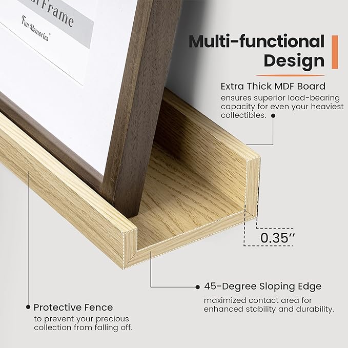 Fun Memories Picture Ledge Shelf, 48 Inch Long Floating Shelves Set of 6, Picture Shelf for Wall with Lip, Large Nursery Book Shelves for Storage, Wall Shelves for Living Room Bedroom Kitchen, Oak
