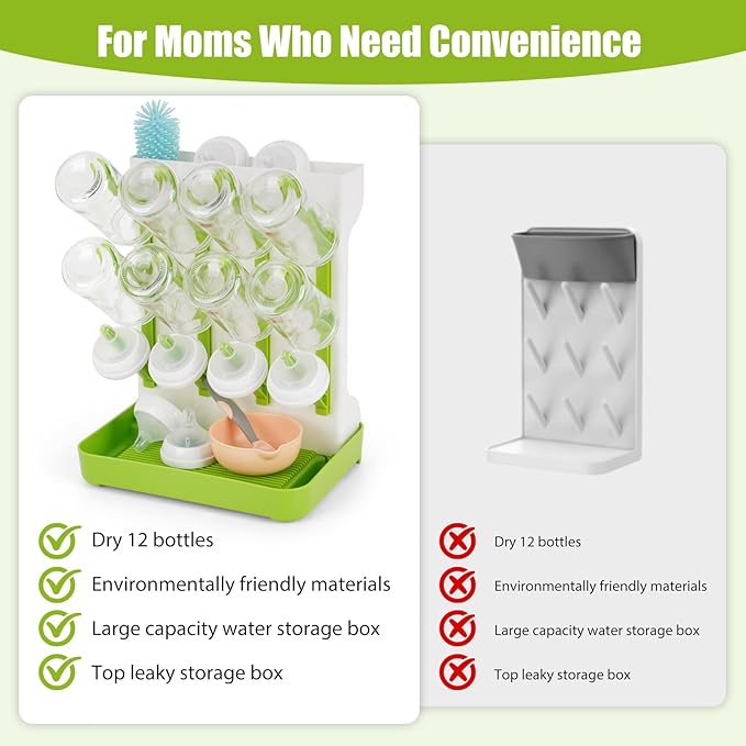 Baby Bottle Drying Rack, 2PCS Space Saving Baby Bottle Organizer for Countertop, Vertical Bottle Dryer Holder with Brushes Holder, Large Bottle Storage Holder 12 Bottles & Baby Accessories