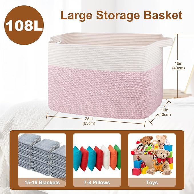 XXXL Large Blanket Basket, 108L Cotton Rope Storage Basket for Living Room, Supre Large Toy Baskets for Kids, Woven Basket for Clothes, Towels, Pillows, 25" x 16" x 16", Pink and White