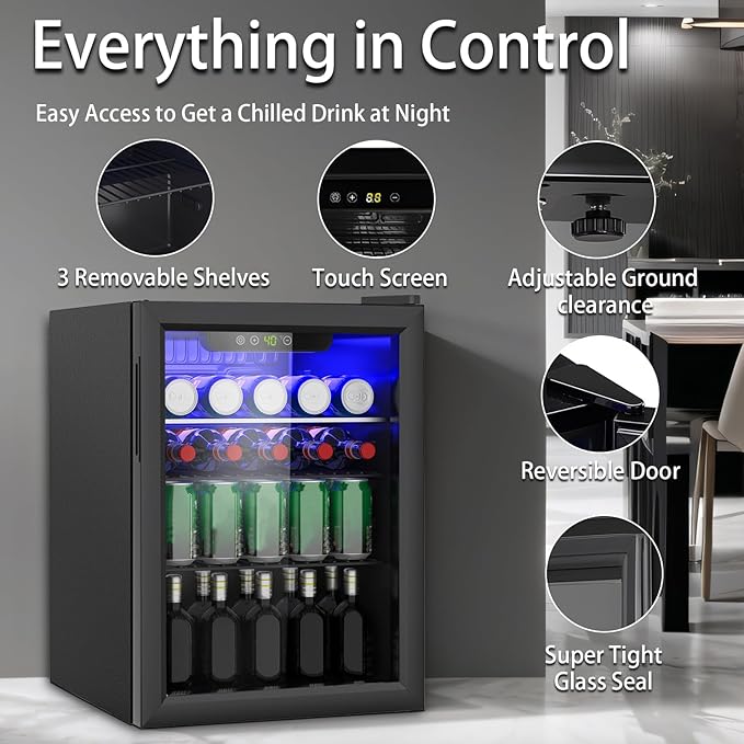 Compact 95 Can/2.6Cu.Ft Mini Fridge For Soda, Beer Or Wine, Portable Small Beverage Refrigerator With Digital Display&Removable Shelves &Reversible Glass Front Door For Office, Dorm, Bar