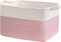 Goodpick Large Woven Blanket Basket 21.6" x 14.9" x 11.8" Storage Baskets for Organizing, Baby Laundry Hamper for Nursery Bedroom, Soft Toy Storage Baskets for Kids Girls, White & Pink