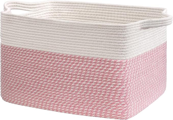 Goodpick Large Woven Blanket Basket 21.6" x 14.9" x 11.8" Storage Baskets for Organizing, Baby Laundry Hamper for Nursery Bedroom, Soft Toy Storage Baskets for Kids Girls, White & Pink